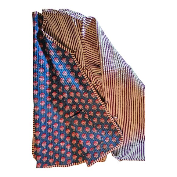 Quilted jacket, Blue/pink Lotus, screen print, 100 % cotton, reversible stripe - Picture 8 of 13